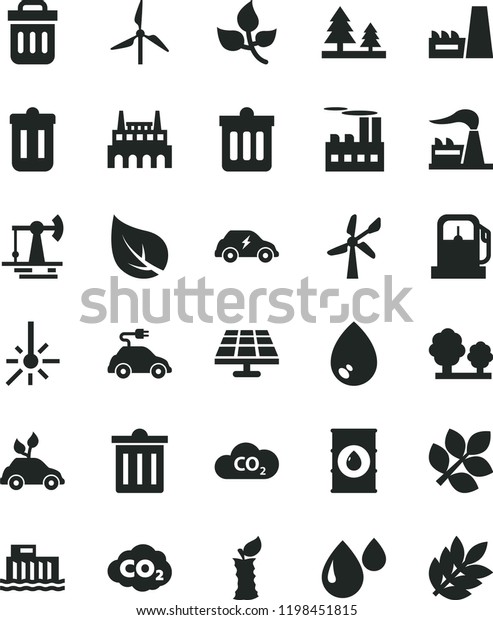 solid black flat icon set bin vector, dust, drop,\
apple stub, solar panel, working oil derrick, leaves, leaf, gas\
station, windmill, wind energy, factory, hydroelectric, trees,\
forest, electric car