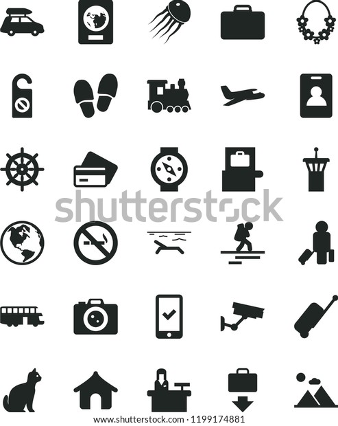 solid black flat icon set earth vector, plane,\
train, car baggage, bus, backpacker, airport tower, identity card,\
passenger, suitcase, scanner, passport, phone registration, rolling\
case, getting