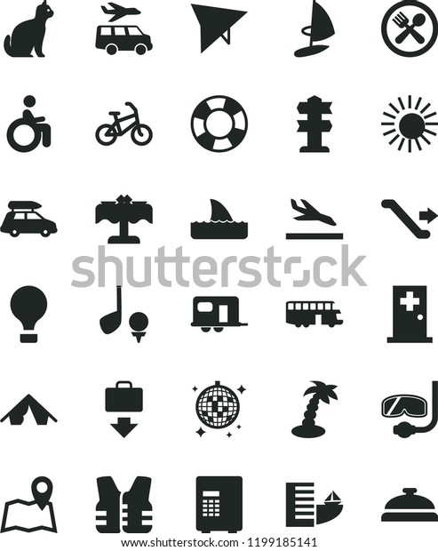 solid black flat icon set car baggage vector,\
camper, bus, air balloon, hang glider, bike, escalator, getting,\
arrival, hotel, tent, sun, palm tree, disco ball, medical room,\
cafe, restaurant, pets