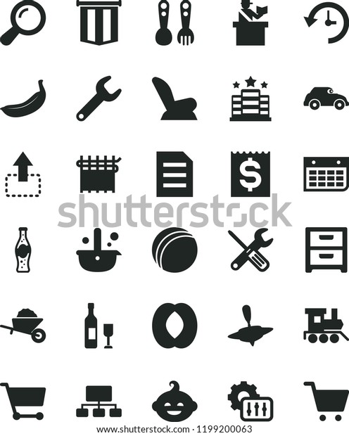 solid black flat icon set car child seat vector,\
bath ball, plastic fork spoons, funny hairdo, baby toy train, small\
yule, garden trolley, tools, nightstand, move up, bottle of soda,\
half peach