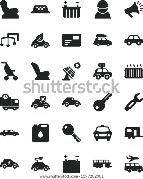 solid black flat icon set toys over the cot vector,\
Baby chair, car child seat, summer stroller, motor vehicle,\
present, key, pass card, delivery, big solar panel, accumulator,\
battery, racer, eco