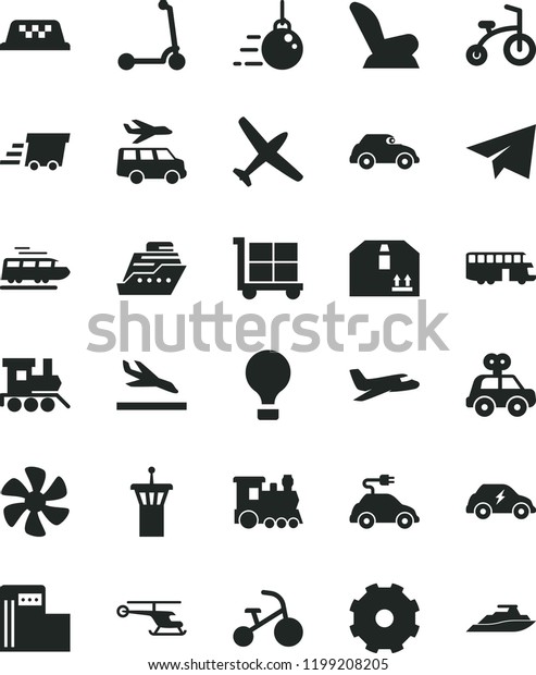 solid black flat icon set truck lorry vector,\
cargo trolley, paper airplane, car child seat, motor vehicle\
present, baby toy train, bicycle, tricycle, Kick scooter, big core,\
cardboard box, electric