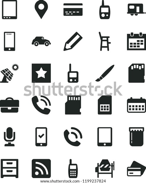 solid black flat icon set tassel vector, desktop\
microphone, calendar, bank card, rss feed, toy phone, mobile, a\
chair for feeding child, concrete mixer, smartphone, nightstand,\
call, jam, retro car