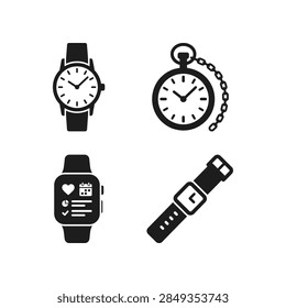 Solid black flat Smart watch time measurement stopwatch clock icon set