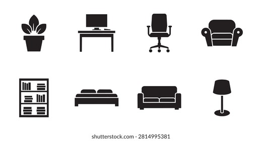Solid black furniture silhouettes featuring domestic items such as houseplant work table office chair upholstered armchair bookshelf bed and couch.