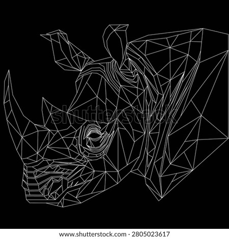 Solid black geometric shapes with thin white lines forming a powerful low-poly rhinoceros head vector illustration.