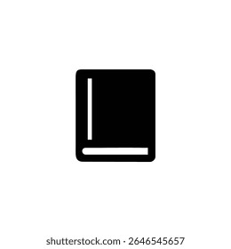 A solid black glyph icon of a closed, upright book with a negative space line for the spine. Minimalist vector symbol.