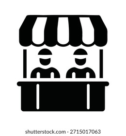 Icono de un glifo negro sólido que representa a dos figuras detrás de un mostrador debajo de un toldo a rayas, que representa a un Pequeño negocio o vendedor en un mercado público o un entorno justo.