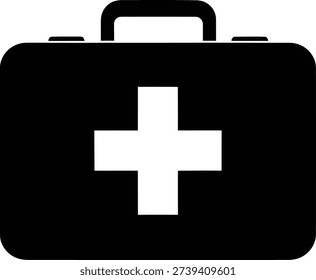 A solid black glyph icon of a first aid kit The icon features a rectangular case with rounded corners A handle extends from the top center of the case A white cross is centered on the front of the case The overall composition is symmetrical and balanced with even padding around the edges