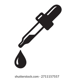 Solid black glyph icon of a pipette dispensing a single drop of liquid. Represents precision, dosage, and scientific experimentation. Useful for medical and chemistry designs.