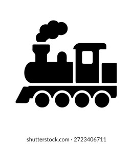 Un icono de glifo negro sólido de una locomotora de vapor vintage.