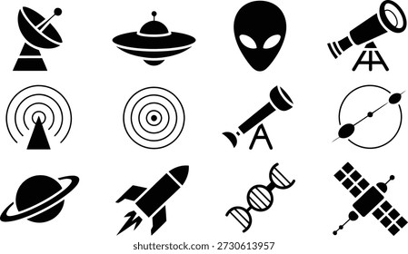 Solid black glyphs for astronomy, extraterrestrial life, space travel, and scientific research, perfect for educational content.