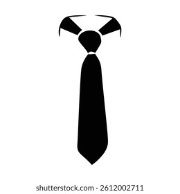 A solid black graphic of a classic necktie with a visible knot and collar detail.