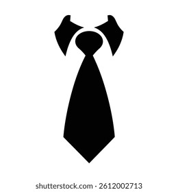 A solid black graphic of a classic necktie with a visible knot and collar detail.