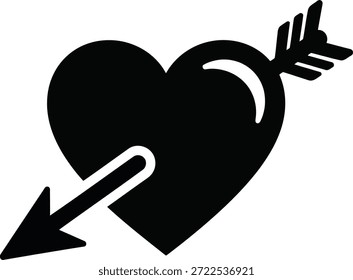 Un icono gráfico negro sólido de una forma de corazón con una flecha que lo atraviesa de izquierda a derecha.