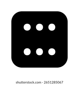 Solid black graphic of a standard six sided die for games