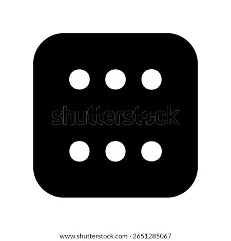 Solid black graphic of a standard six sided die for games