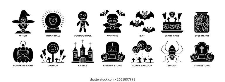 Solide schwarze Halloween Glyphe Icons im minimalistischen Stil. Umfasst Geist, Fledermaus, Grabstein, Vampir, Schloss und mehr. Ideal für Apps, Web und Print-Design. Flache Silhouette, einfach zu bedienen.