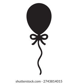 A solid black helium balloon silhouette vector icon featuring a clean flat design. The balloon is tied with a ribbon and floats gracefully, isolated on a white background. Ideal for festive, romantic, or celebratory themes in both digital and print design projects.