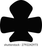 A solid black heraldic cross pattee silhouette with rounded flared arms, bold and minimalist black and white vector illustration