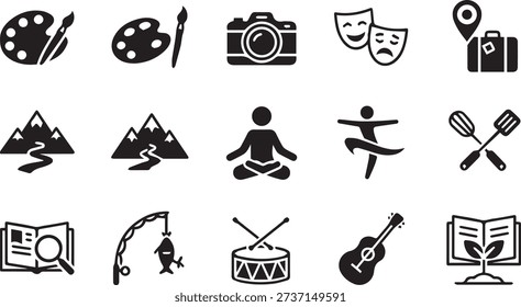 Solid Black Hobby Icon Set for Creative and Leisure Activities in Flat Vector Style