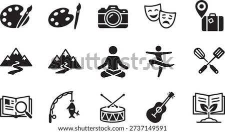 Solid Black Hobby Icon Set for Creative and Leisure Activities in Flat Vector Style