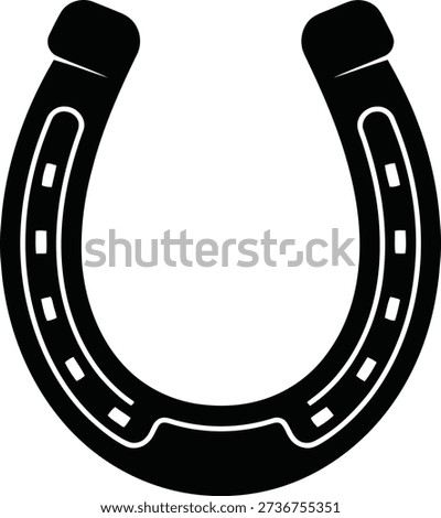 Solid black horseshoe illustration with a stylized design and clear nail holes, commonly recognized as a lucky emblem.