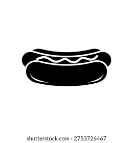 Solid Black Hot Dog Icon, Simple 2D Flat Logo, Clean Silhouette Isolated on White Background