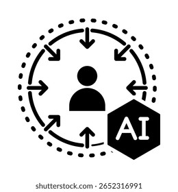 Ícone de IA preto sólido centrado no ser humano - Pessoas e sistemas de IA que representam a tecnologia projetada para o bem-estar humano, a inclusão e o impacto ético. Ilustração de vetor plano.