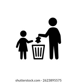 Solid Black Icon of Child Placing Trash in Bin with Parent Guiding