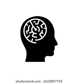 Solid Black Icon of Head with Maze Inside Representing Mental Complexity