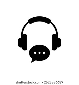 Solid Black Icon of Headphones with Chat Bubble Below Representing Communication