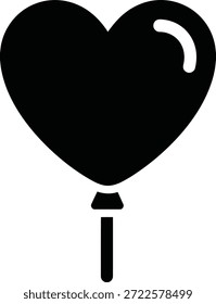 Un icono negro sólido de un globo en forma de corazón con un tallo redondeado. El globo tiene un sutil resalte en su curva superior derecha.