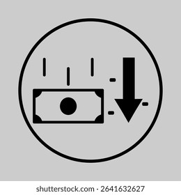 Solid black icon of money with arrow going down representing loss.