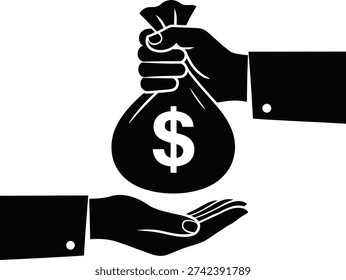 Solid black icon of one hand giving a money bag with a dollar sign to another hand. Represents cash payments, financial investments, salary, business loans, and wealth transfers. Vector illustration.