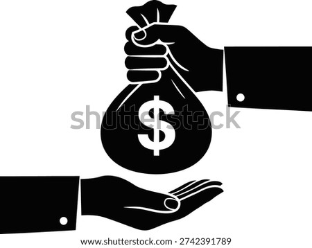 Solid black icon of one hand giving a money bag with a dollar sign to another hand. Represents cash payments, financial investments, salary, business loans, and wealth transfers. Vector illustration.