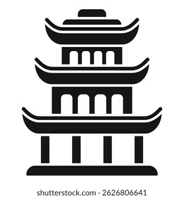 Solid black icon of a pagoda, a tiered tower with multiple eaves common to nepal, china, japan, vietnam, korea and other asian countries