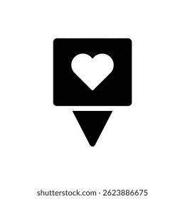 Solid Black Icon of Pin on Board Shape with Heart Cutout Representing Love or Attachment