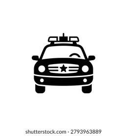 A solid black icon of a police cruiser from a front-facing perspective, a solid black icon of a police cruiser