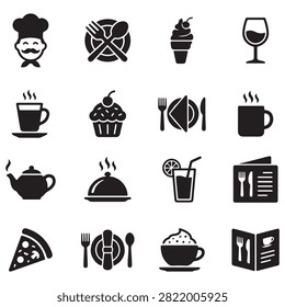 Solid black icon set for restaurant and cafe themes including chef food drink coffee pizza menu and dining utensils icons.