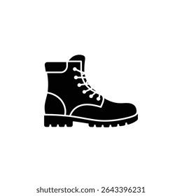 A solid black icon shows a high-cut boot with laces and a thick, rugged lug sole, rendered as a graphic illustration on a white background.