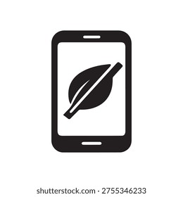 A solid black icon of a smartphone displaying a single leaf. This minimalist vector graphic symbolizes eco-friendly apps, green technology, or nature.