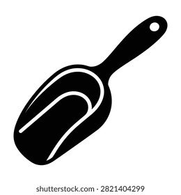 Solid black icon of a utility scoop for dry goods with ingredient transfer industrial equipment