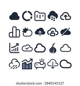 Solid black icons for cloud computing, data storage, file management and uploaddownload operations featuring folder icon, with arrow updown arrows, lock symbol, graph line chart.