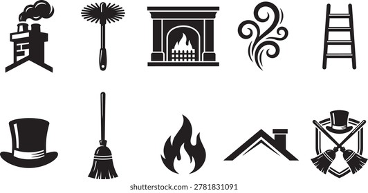 Solid black icons depicting chimney sweep services and fireplace maintenance
