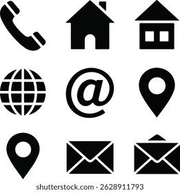 Iconos negros sólidos que representan el teléfono, la ubicación, el correo electrónico y los detalles de contacto del Sitio web para una comunicación fácil.