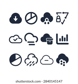 Solid black icons for weather and climate monitoring featuring cloud, raindrops, snowflake, thermometer, graph line chart with temperature scale
