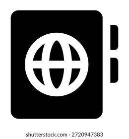 Solid black illustration of a passport booklet with globe symbol. Clean glyph style for international travel, identification, border control, and travel documentation visuals.
