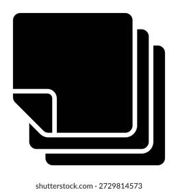 Solid black illustration of stacked paper sheets. Clean bold style suitable for craft themes, creative activities, education content, and stationery visuals on white background.
