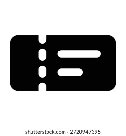 Ilustración negra sólida de un boleto de viaje con borde perforado. Estilo de glifo mínimo para sistemas de reserva, acceso de transporte, eventos, servicios turísticos y documentación visual de viajes.